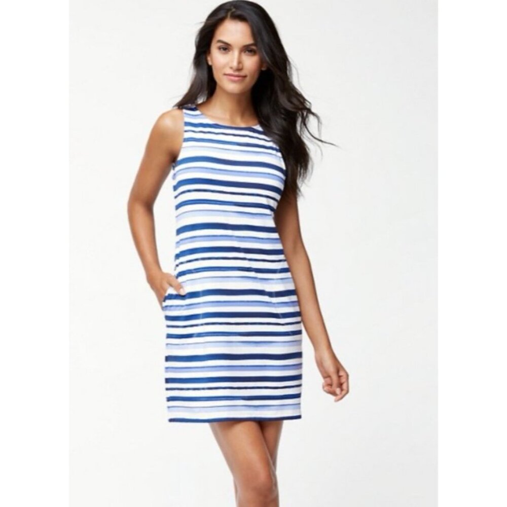 Tommy Bahama Dress M Medium Stretch Blue Green White Watercolor Stripe